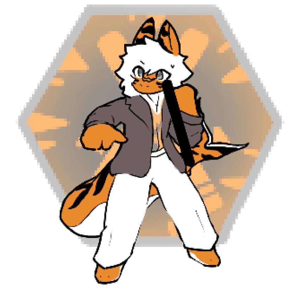 mangos, an orange and white shark cat stances up and prepares to fight