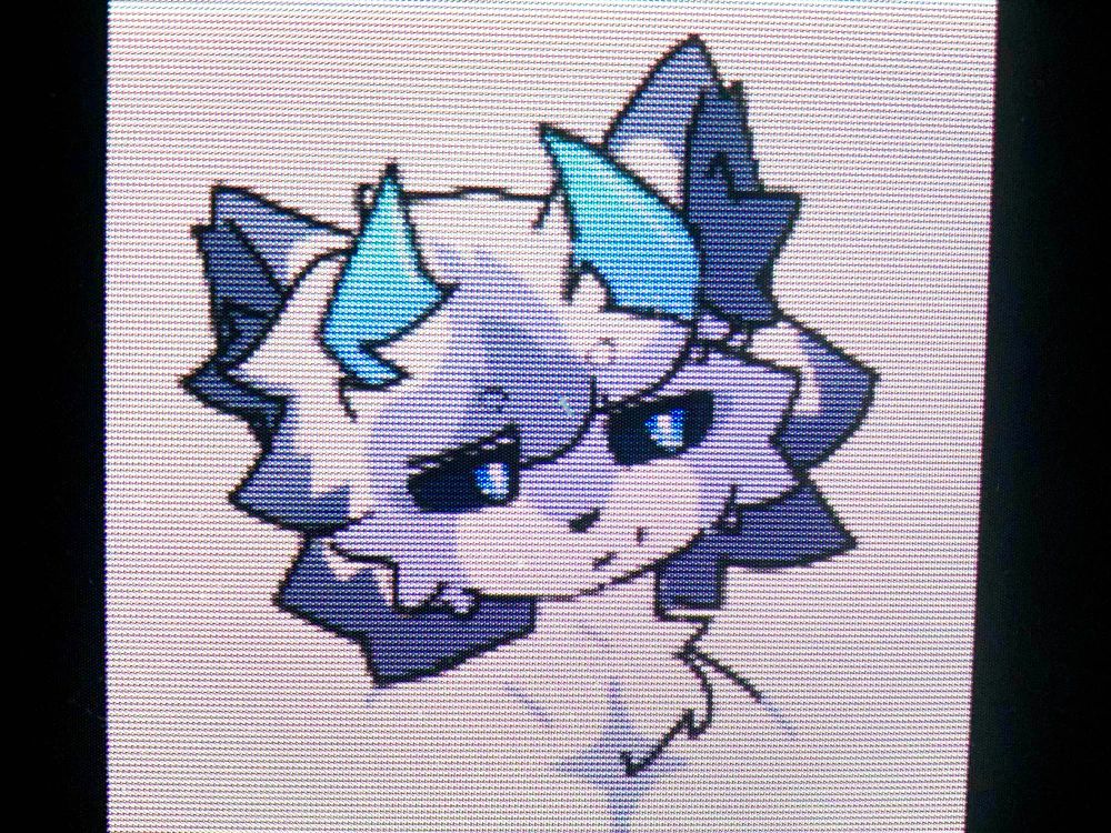 doodle of a fox like character with blue horns looks attractively off axis 

