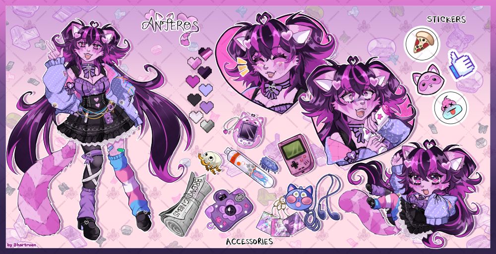 tomotins charatcer anteros. a pink raccoon with purple hair and pink highlights, her clothes and sheet follow a 2000s console theme with some stickers scattered in between.