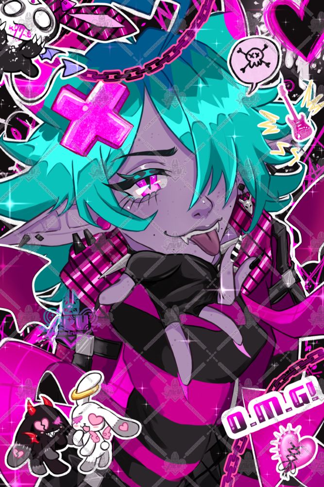 Colorful illustration of a grimm' character with their tongue out on a chaotic pink background with pink elements, and stickers of punk style bunnies  in front