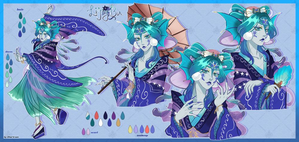 reference sheet of li'jing ba, their main design elements come from the sea like corals, wave like transparent skirt and a manta ray coat. their main colors are navy blue, teals and purples.