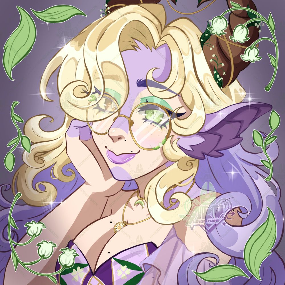 icon size of florian with his head on her hand. there is a border of lily of the vallies surrounding florian