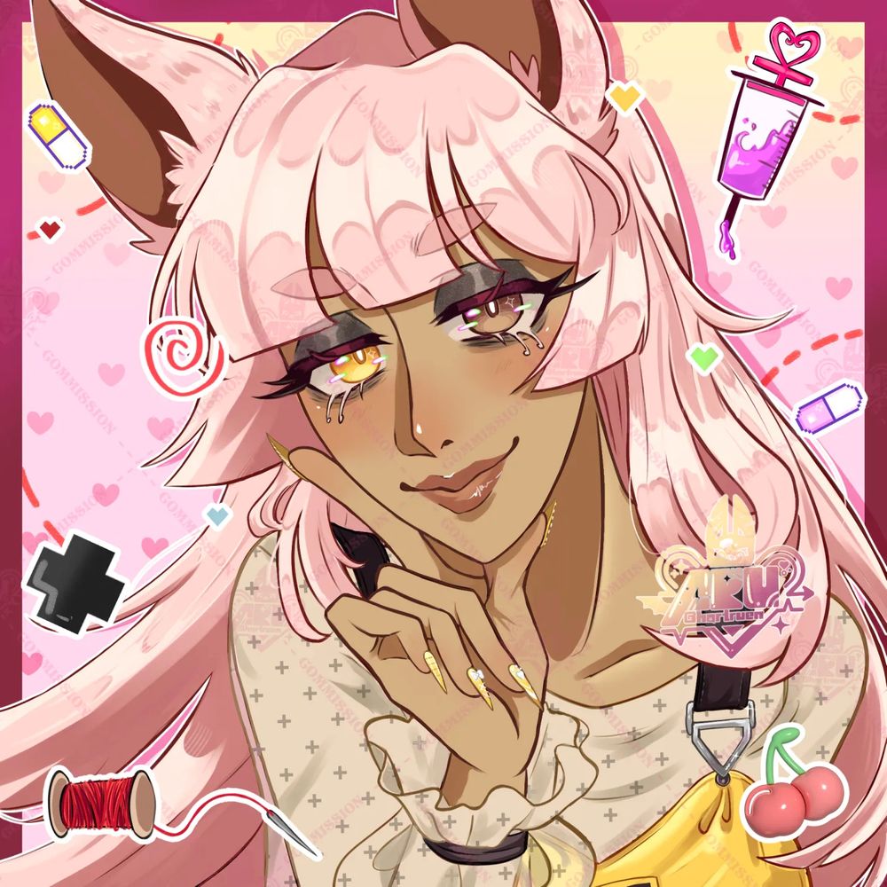icon of bee's OC Luna, an older woman with pink hair, fox ears and heterochromatic eyes (yellow and brown). She's staring at the viewed with her hand under her chin while surrounded by stickers calling back to her job as a doctor and enjoys sewing.