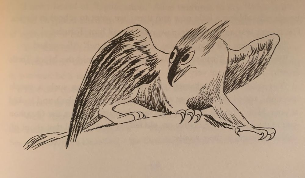 a black and white ink illustration of a stylized gryphon