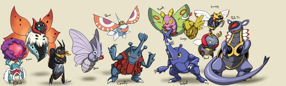 An illustration of 2 teams of 6 Pokémon each. From left to right, Rabsca holding a Shell Bell, Volcarona with Wise Glasses, Lokix with Muscle Band, Venomoth with Leftovers, Masquerain with Rocky Helmet, Heracross with Assault Vest, another Heracross with Silk Scarf, Dustox, Shedinja with Focus Band, Ninjask with Soft Sand, Volbeat and Armaldo