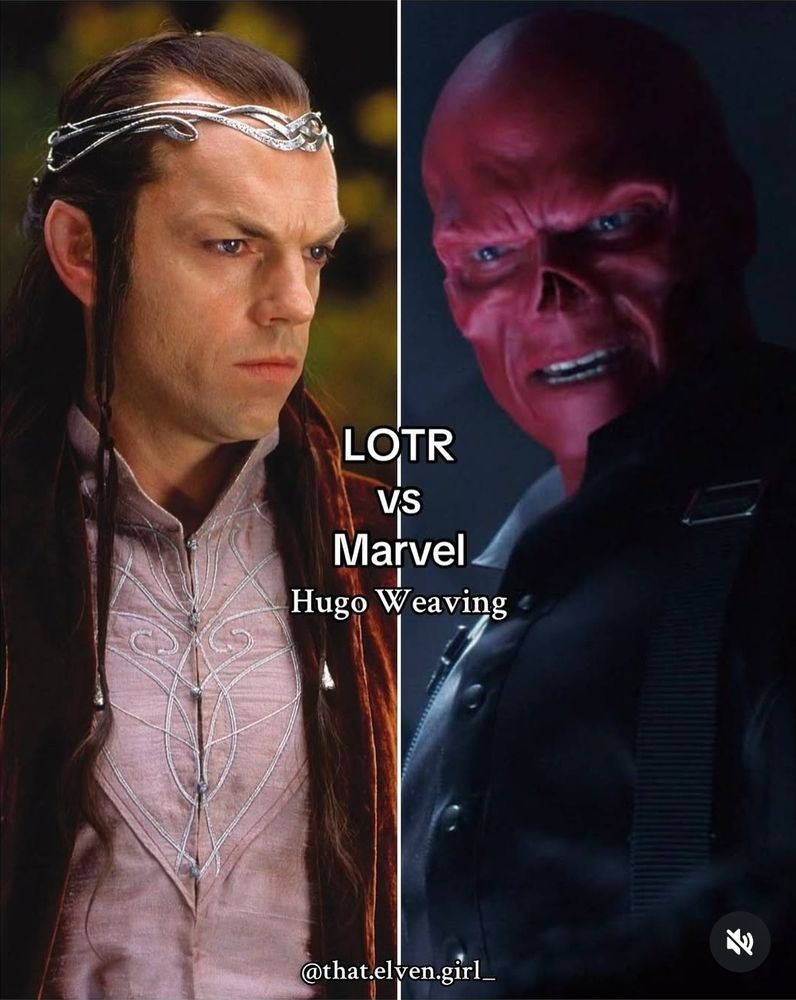 2 imagens juntas do Ator Hugo Weaving, uma como Elrond de Senhor dos Anéis e outra como o, caveira vermelha da Marvel