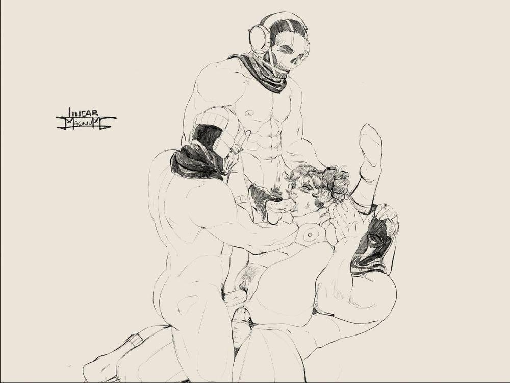 A plump white woman laying naked, on her back, with her legs spread, on top of a muscular, masked man. She's having sex with 3 masked dudes, all muscular. One fucks her ass and helps her keeping her legs spread, the second fucks her pussy and grabs her neck, and the third has a grip on her hair while putting his dick in her mouth. She keeps eye contact and blushes to the man fucking her pussy