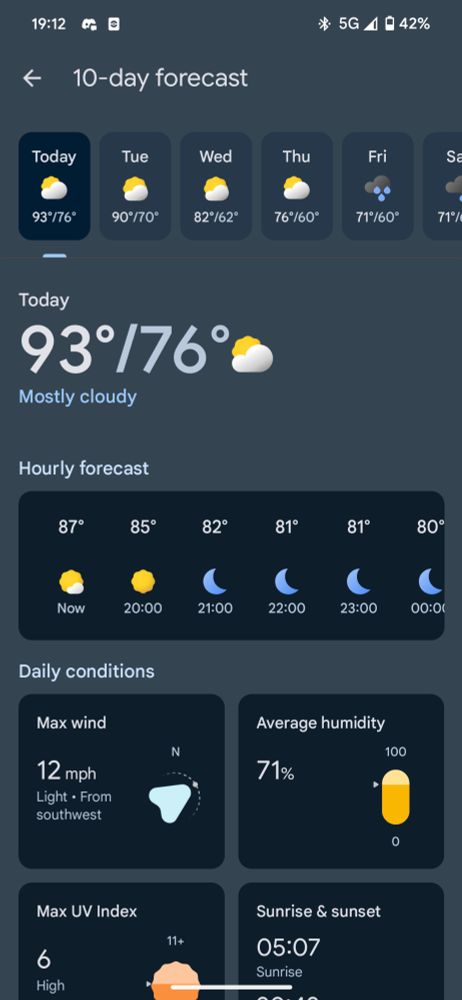 Screenshot of a weather app (max temp 93F)