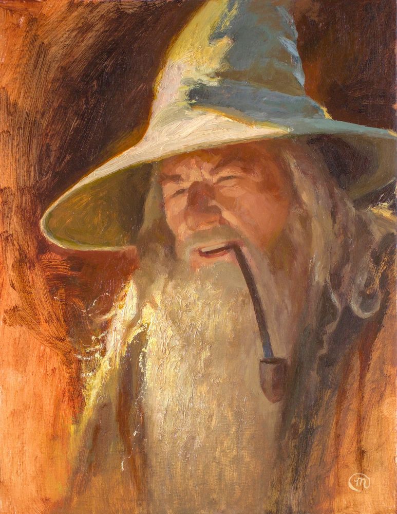 Oil painting of Gandalf from Lord of the Rings, shown with a long white beard, wide-brimmed hat, and a pipe. He’s lit by warm, golden light, with expressive brushstrokes and a soft, storytelling atmosphere. The piece has a classic, almost Rembrandt-like feel.
