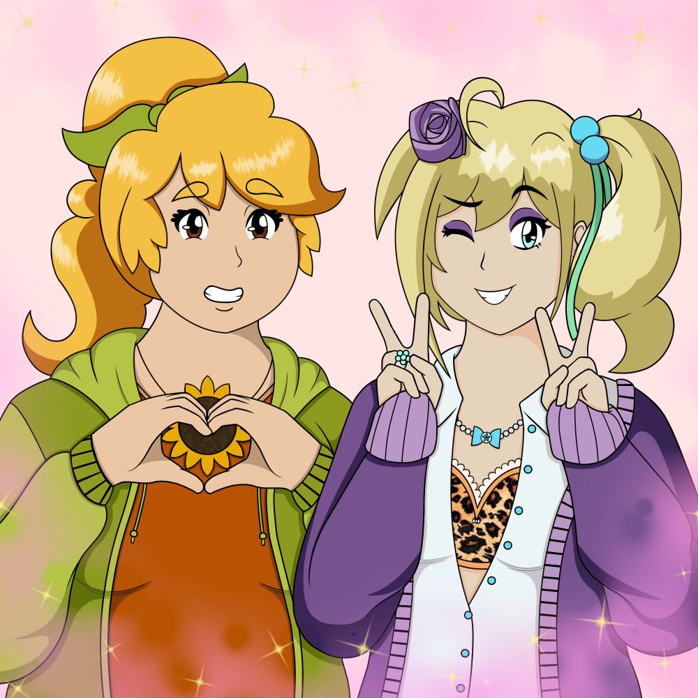 Two blonde magical girl ocs pose in a purikura style selfie.