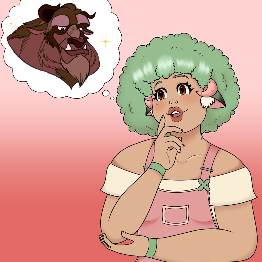 A green haired sheep girl vtuber thinks longingly of Beast from Disney's "Beauty and the Beast" (1991).