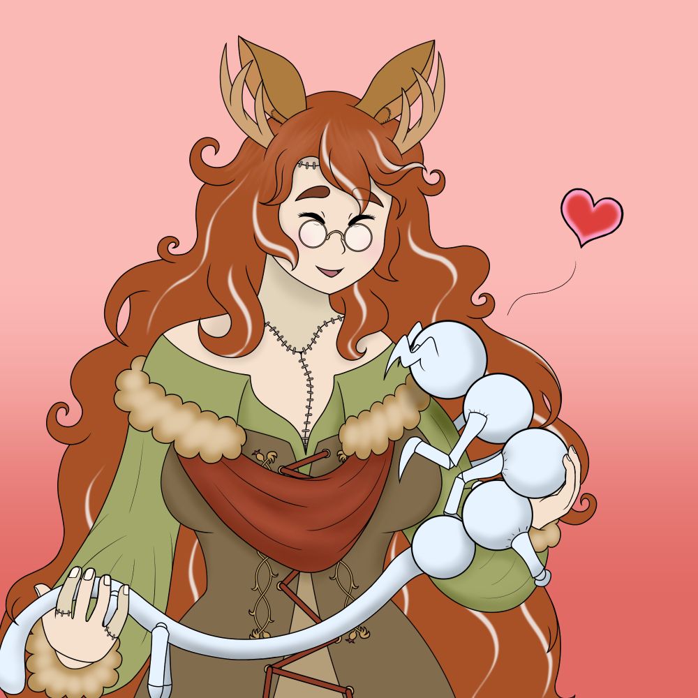 The artist's taxidermy jackalope vtuber cuddles a giger-esque parasite in mutual affection.