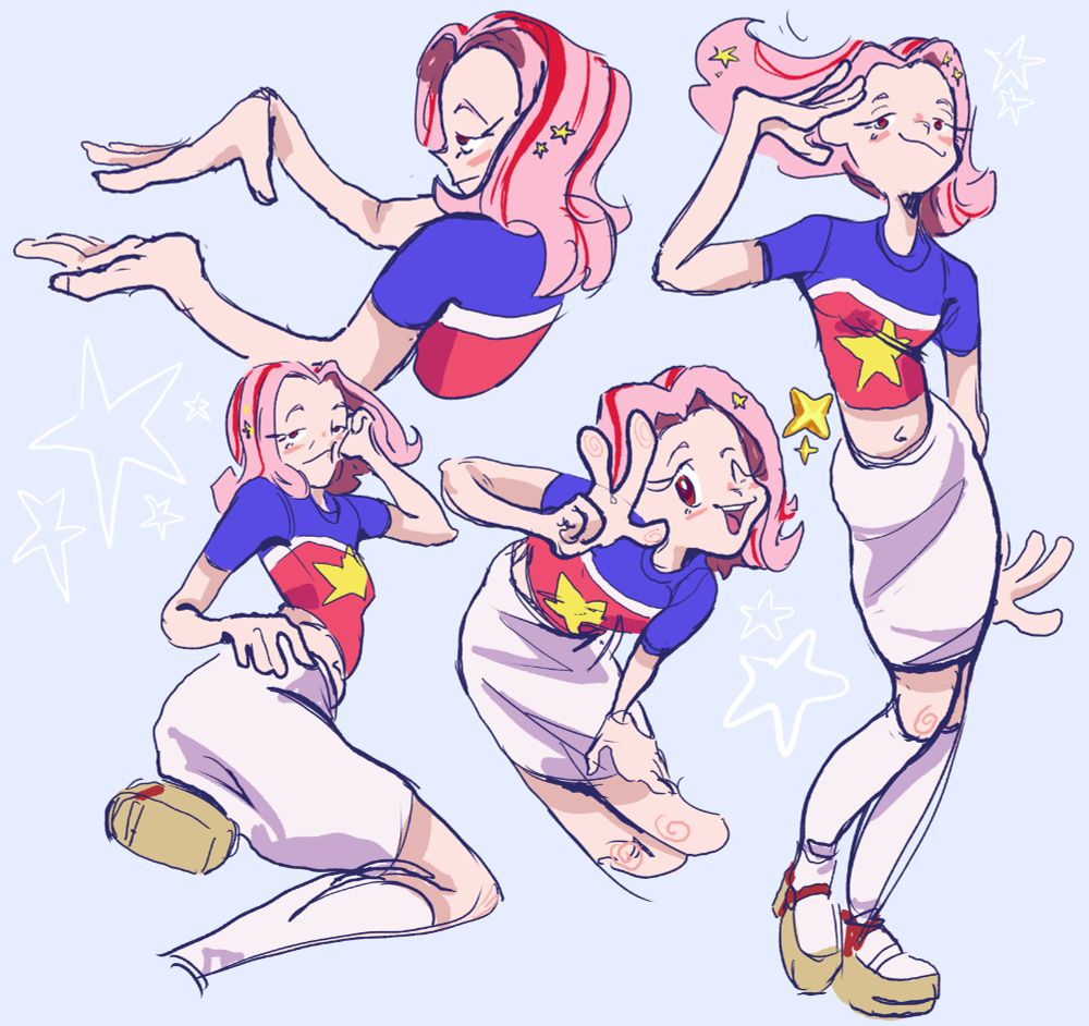 Fanart of Mimi tachikawa from digimon, doing diffrent poses, in her outfit from when she lives in USA