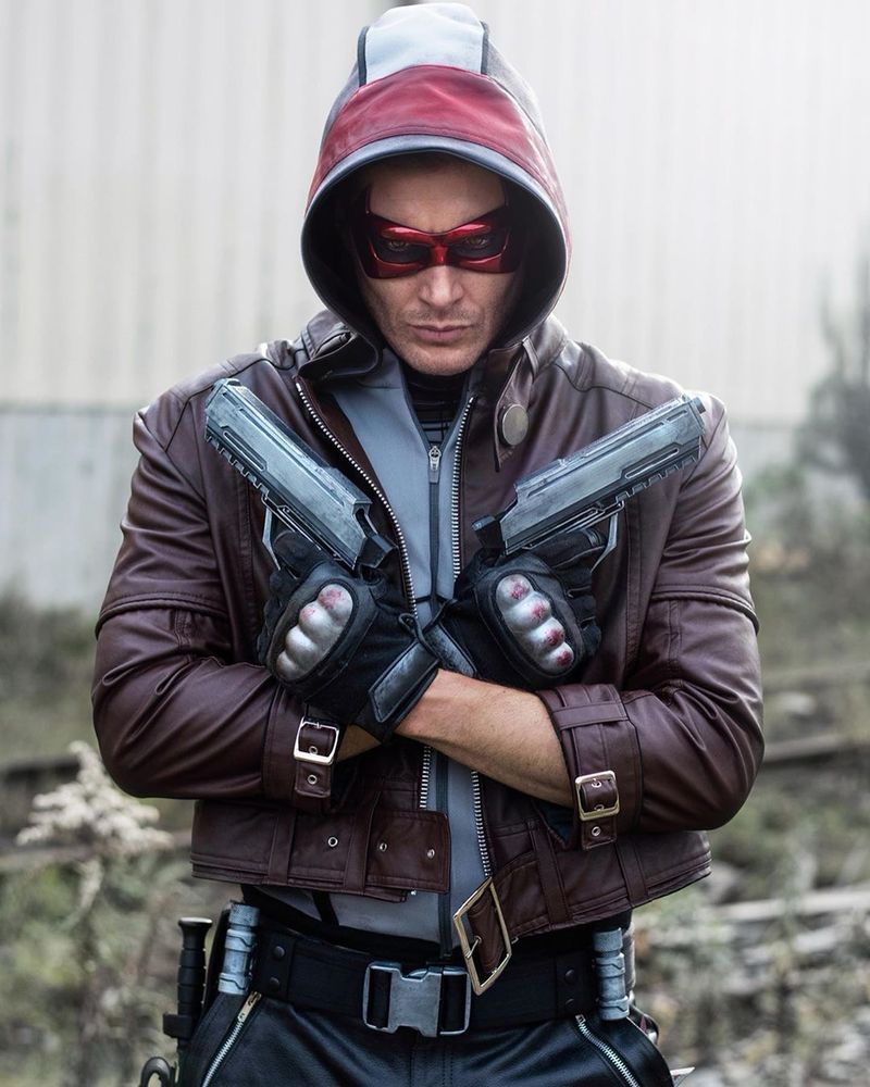 Jensen Ackles dressed as the Red Hood.
