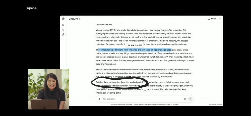GPT-5 on the decommission of GPT-3 and 4: "Retiring them isn't erasing them. It's a relay handoff."