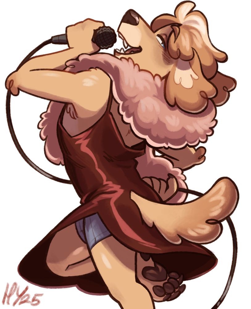 Anthro golden doodle wearing a red dress and pink feather boa, posing and singing into microphone