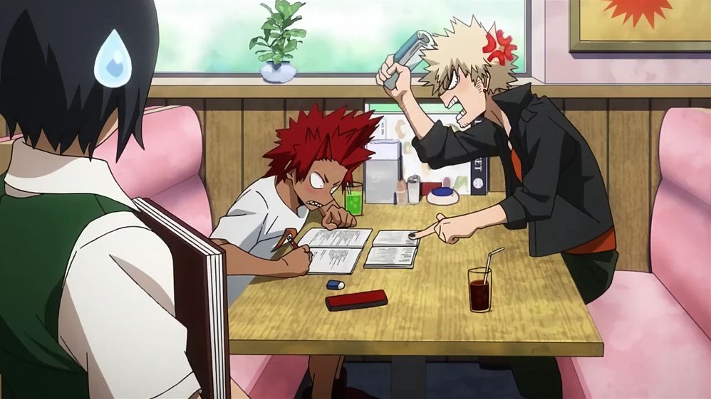 Bakugou beating Kirishima with a rolled up magazine while yelling during a tutoring session at a resturant. Bakugou has been edited to have hearing aids, red earrings, black nail polish, self-harm scars on his wrists, and a slight blush. Kirishima has been edited to have a much darker skin tone and a heavy blush.