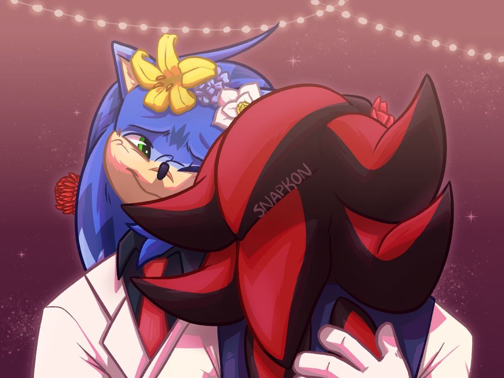 Sonic and Shadow holding each other close as they dance. Sonic wears a white suit with a dark blue shirt and red tie, while Shadow wears a dark blue vest. Shadow's head is laid on Sonic's shoulder and Sonic rests his head on Shadow's; Sonic is smiling and one of his eyes are open to stare loving at Shadow. A crown of flowers sits on Sonic's head consisting of a yellow lily, a hydrangea, and a magnolia. A red chysanthemum sits in one of Sonic's spines.