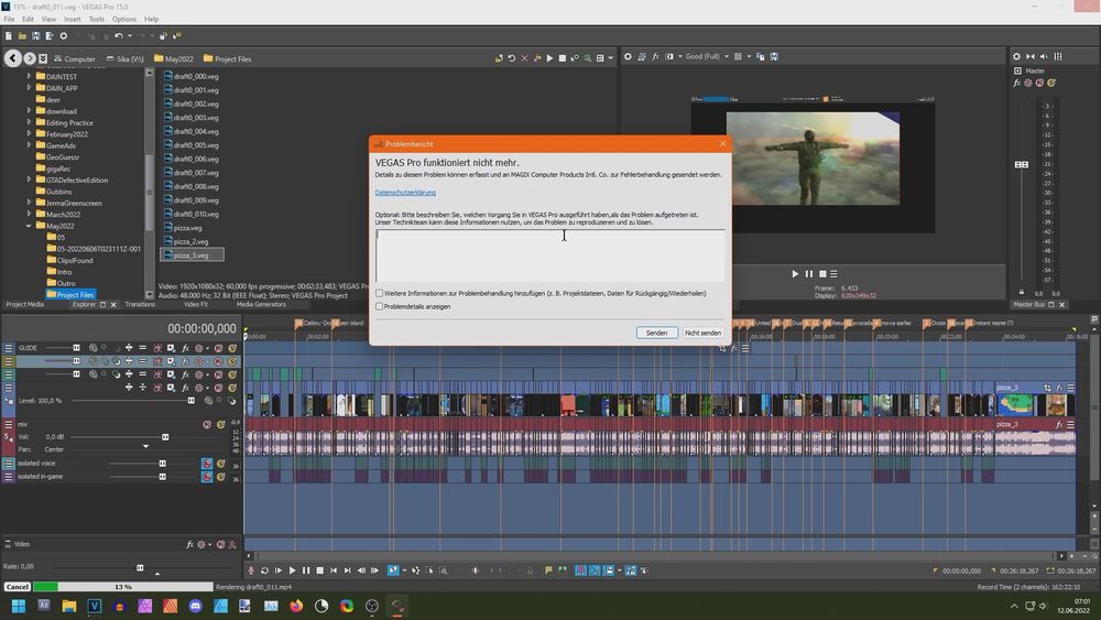 Eigener Screenshot von Vegas Pro 15 aus dem Jahr 2022, welches mitten bei einem Render abgestürzt ist. Hier allerdings mit einer Fehlermeldung von der Software selbst, anstatt von Windows direkt.