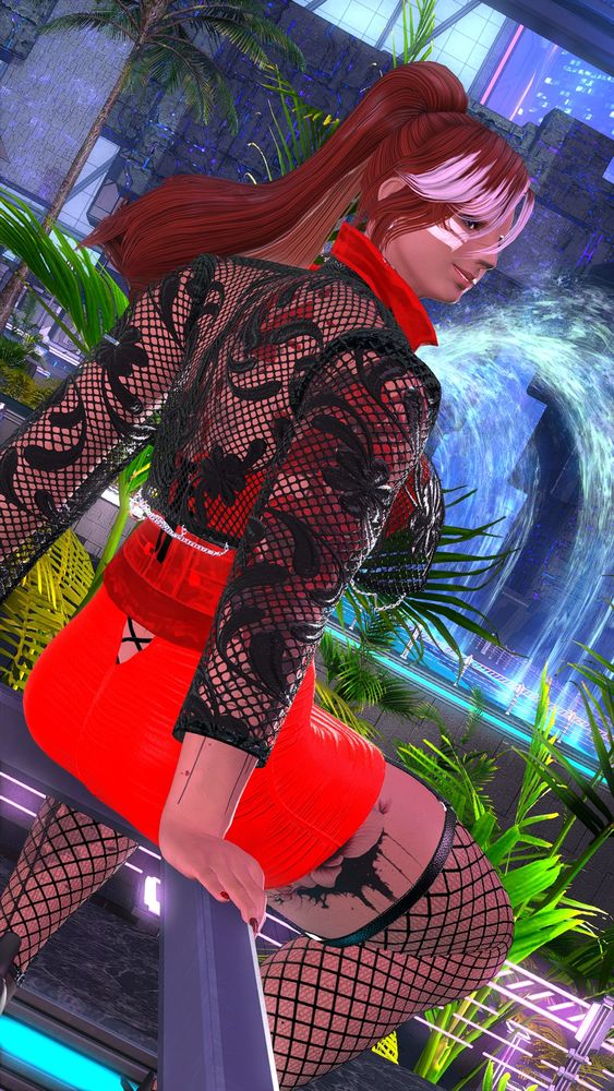 Ruby is sitting on a railing dressed in allouring red dress with fishnet top and fishnet stackings.