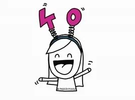 Simple line drawing of the upper half of a woman with her arms waving. She has on a headband with a 4 and 0 on it. The numbers are on springs bouncing up and down.