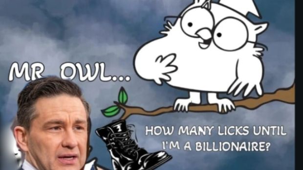 Pierre Poilievre asks Mr. Owl how many licks of a boot it takes before he becomes a billionaire.