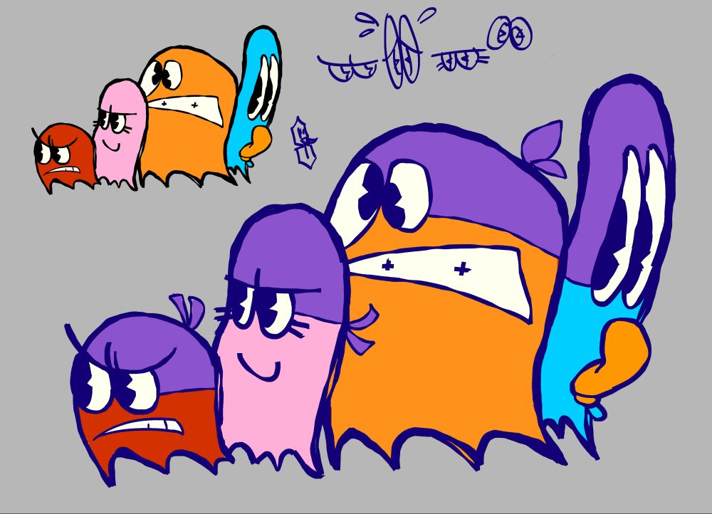 Inky, Blinky, Pinky, And Clyde wearing some purple masks (I wonder who gave them that)