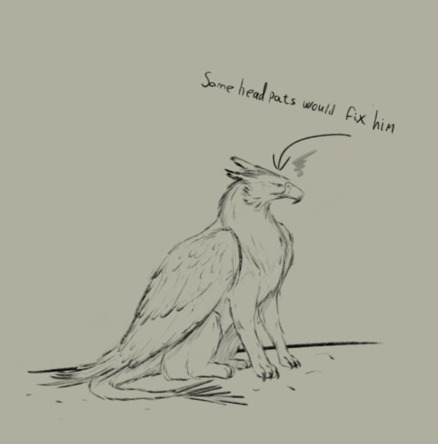 A sketch of a grumpy griff sitting down, his wings neatly folded in. The text "Some head pats would fix him" floats above him, connected with an arrow, pointing at the pat surface in question. 