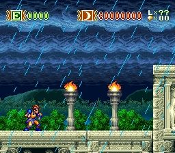 Captura de tela do jogo, mostra o protagonista Sky no início da primeira fase. O cenário aparenta ser um templo ao ar livre, e está chovendo forte.