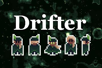 Various pixelart of Drifter. Drifter wears an angular green scholar cloak, with a polished emerald clasp. He wears a matching hat, with a brilliant emerald feather. He keeps his long blonde hair in a braid that falls over his left shoulder.