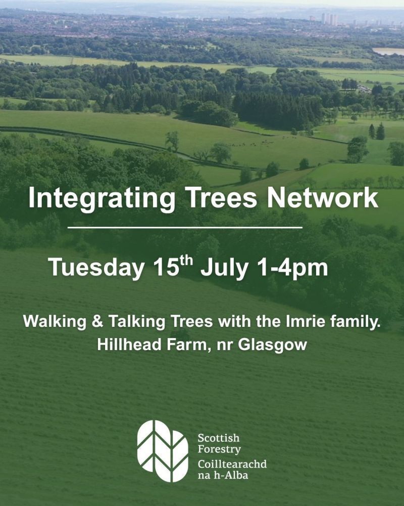 An aerial shot of arable fields is overlain with text reading 'Integrating Trees Network. Tuesday 15th July, 1-4pm'
