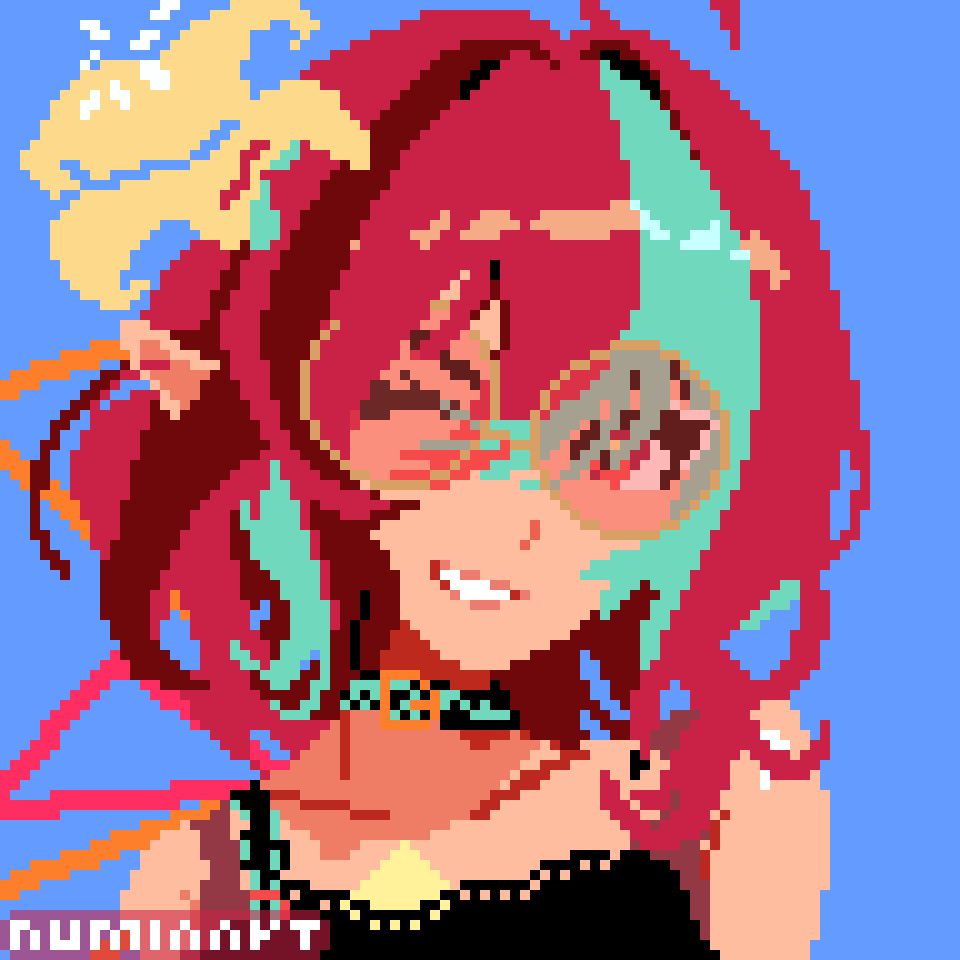 Pixel art portrait of a cheerful VTuber girl with vibrant red and teal split hair. She has pointy elf-like ears, round glasses, and is winking with a big smile. Her outfit features a black top with a choker and gold pendant. The background is solid sky blue, and her hair is flowing with dynamic orange and yellow ribbon-like accents. The art has a clean, colorful, and playful aesthetic