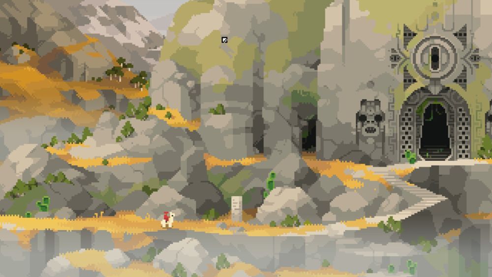 A man on a llama sits at the base of a large temple.