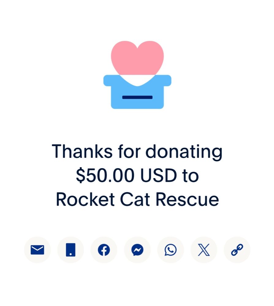 Black text on a white background that says thanks for donating $50 USD to rocket cat rescue. There is a pink heart with white at the base that's nestled in a blue container.