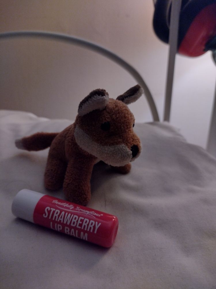 A miniature fox plushie next to a lip balm for scale. It's the same length. 