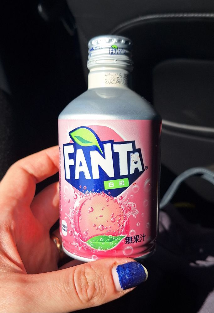 A small metal bottle of peach fanta. The label is in pink, and the writing other than the name is in Japanese.