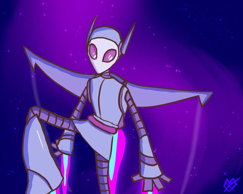 A robot named ASTR0 flies through space via rocket boosters from their back hands and feet (Character owned by Astro (@Checkmate on Cara))