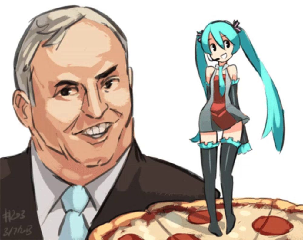 a drawing of a man in a suit and tie next to a girl with long blue hair