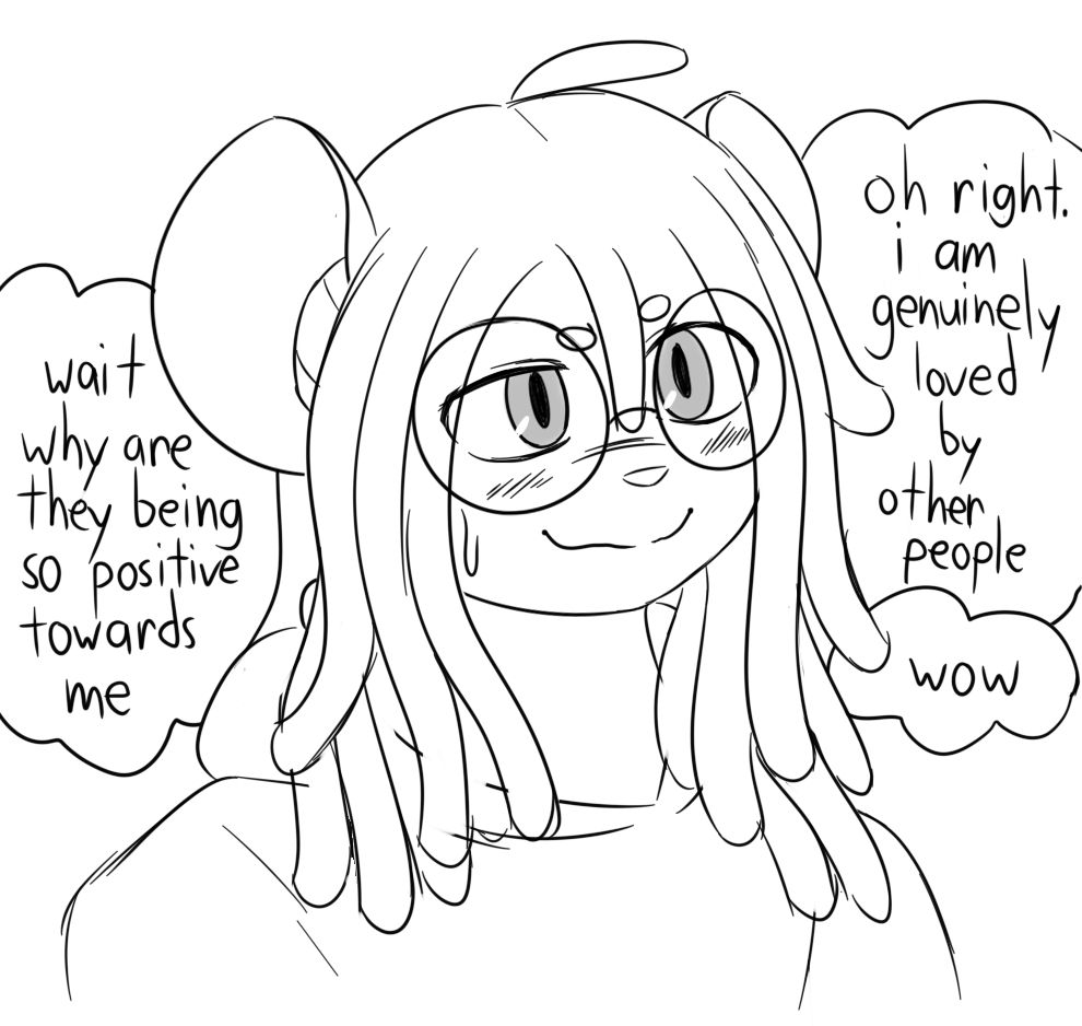 🐁 Mouse looking somewhat embarrassed and also confused and nervous. "wait why are they being so positive towards me" "oh right. i am genuinely loved by other people" "wow"
