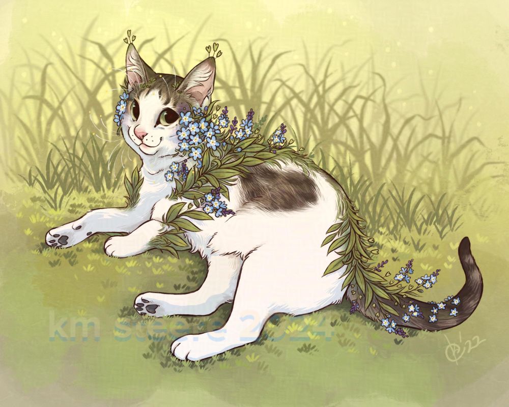A digital illustration of a white and tabby kitty lying in a grassy place. The kitty has forget-me-not flowers sprouting from its body. The kitty is looking over its shoulder at you with large green eyes as if to say, “AI kills creatives. Support human artists.” Or maybe it is saying “I’m hungry.” Yeah probably that. 