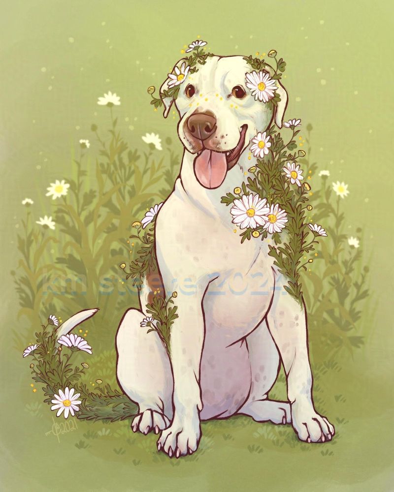 A digital illustration of a white dog sitting amongst white daisy plants in a green place. The dog has a brown nose and a brown spot on her back/side. The dog has white daisy plants sprouting out of her body. 