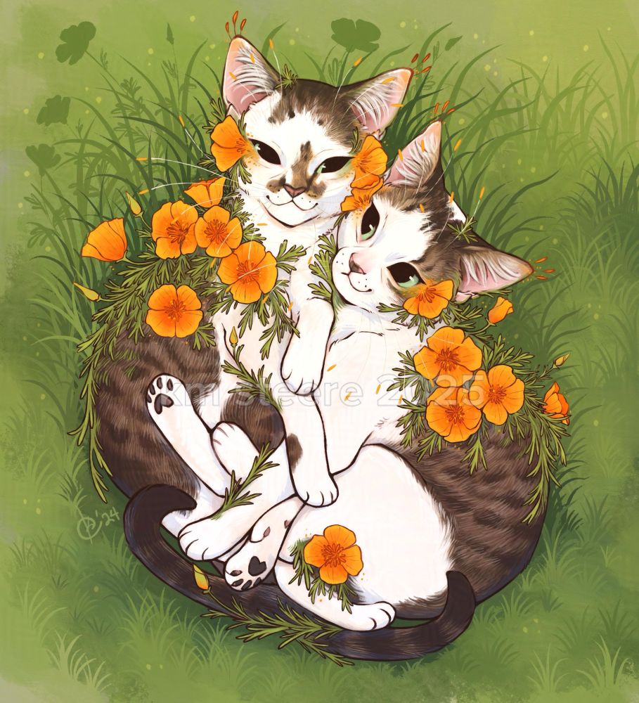 A digital illustration of two white and brown tabby spotted cats cuddling together in a grassy place. The cats have orange California poppy plants and flowers sprouting from their bodies. 