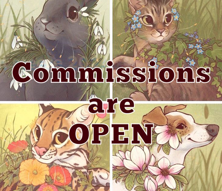 An info card that says “commissions are open”. There are four crops of illustrations in the background of various animals mixed with plants. 