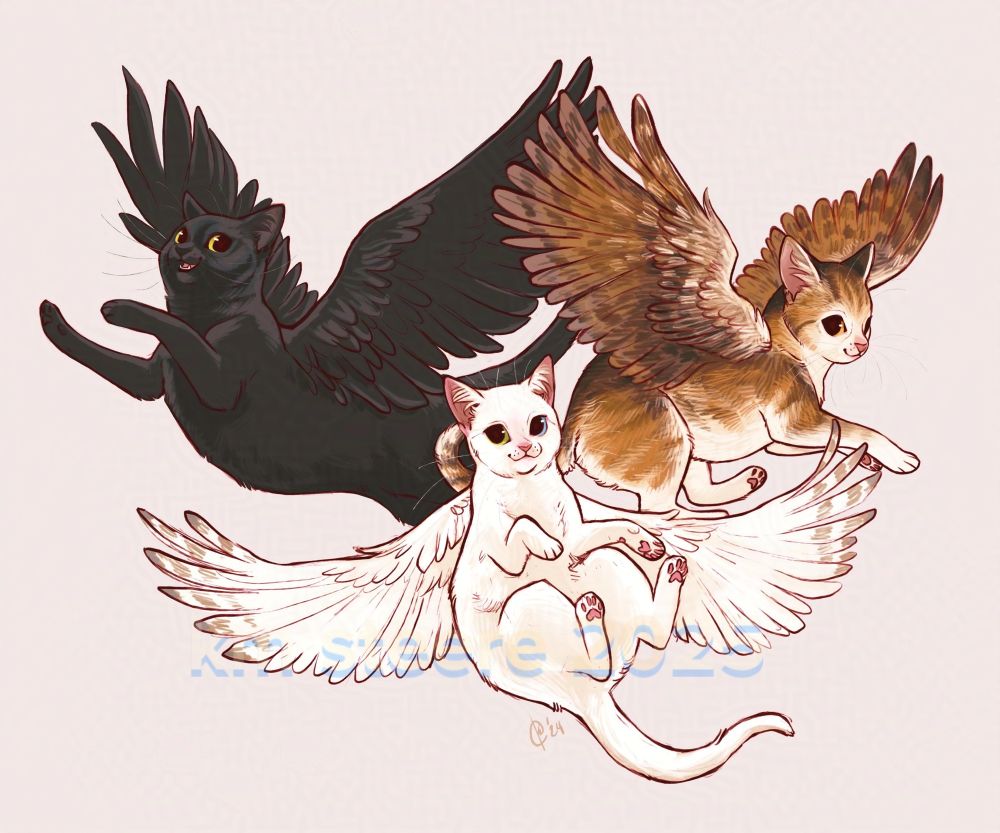 A digital illustration of a group of three cats with bird-like wings. One is black, one is white and the other is tabby and white. 