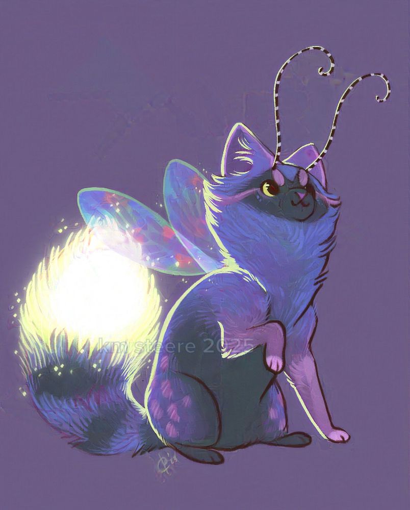 A digital illustration of a blue and purple cat-like creature that has a very floofy, glowing tail. The cat has long, curly antennae and transparent wings. 