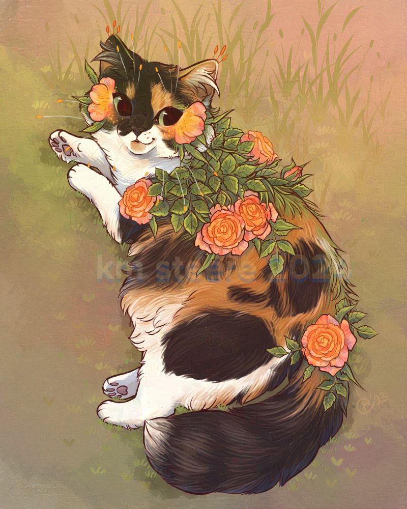 A digital illustration of a long haired calico cat with orange roses growing out of her neck and shoulders. 