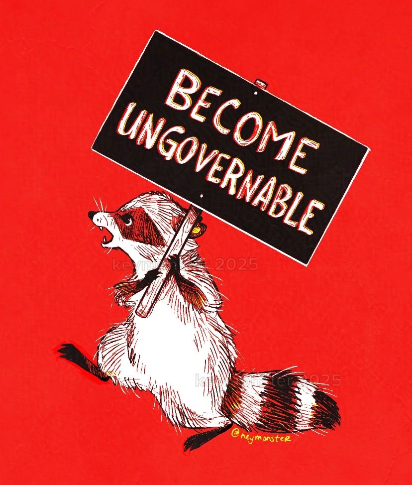 A sketchy illustration of a raccoon walking on its hind legs holding a sign that says “become ungovernable”. The image is very high contrast in reds, blacks and whites with small yellow highlights. 
