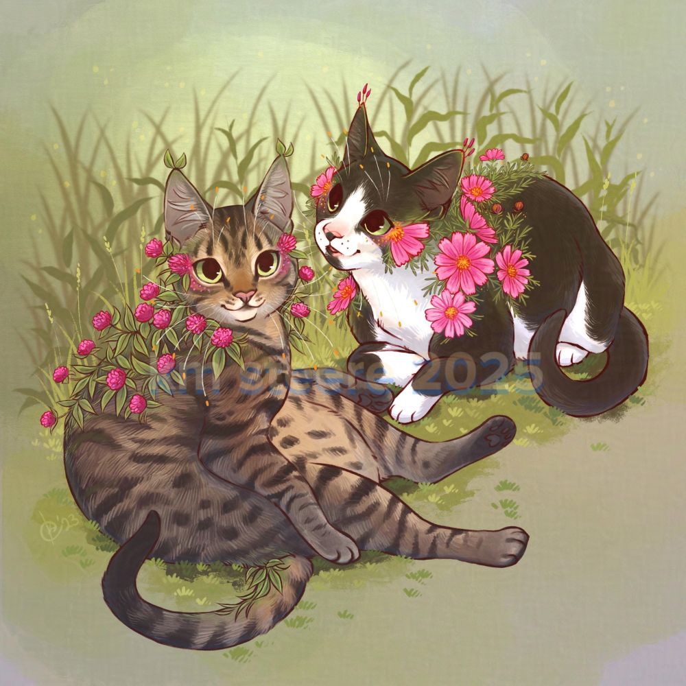 A digital illustration of two kitties sitting in a grassy place. One is a tabby, who is sitting a little strangely, and the other is a black and white tuxedo, who is partially loafing. They both have different pink flowers growing out of their bodies.  