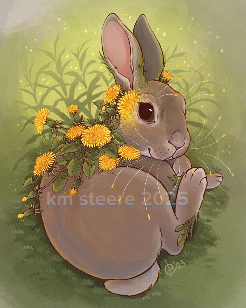 A digital illustration of a brown bunny curled up in a green, grassy place. The bunny has yellow dandelion flowers sprouting from its neck and shoulders. 