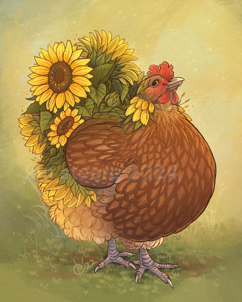 A digital illustration of a brown chicken with sunflowers for a tail. The chicken is walking in a green, grassy place and has its head up high. 